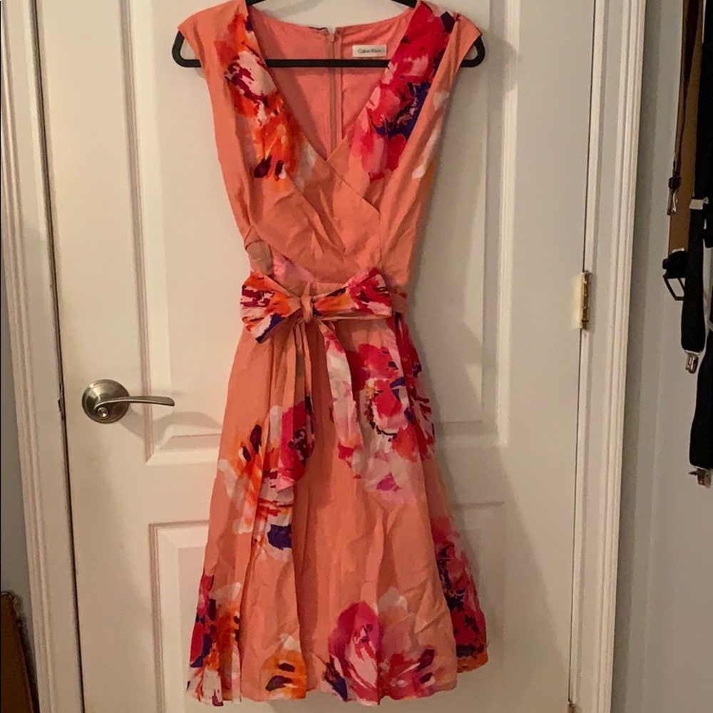 Calvin Klein peach flowered flared dress